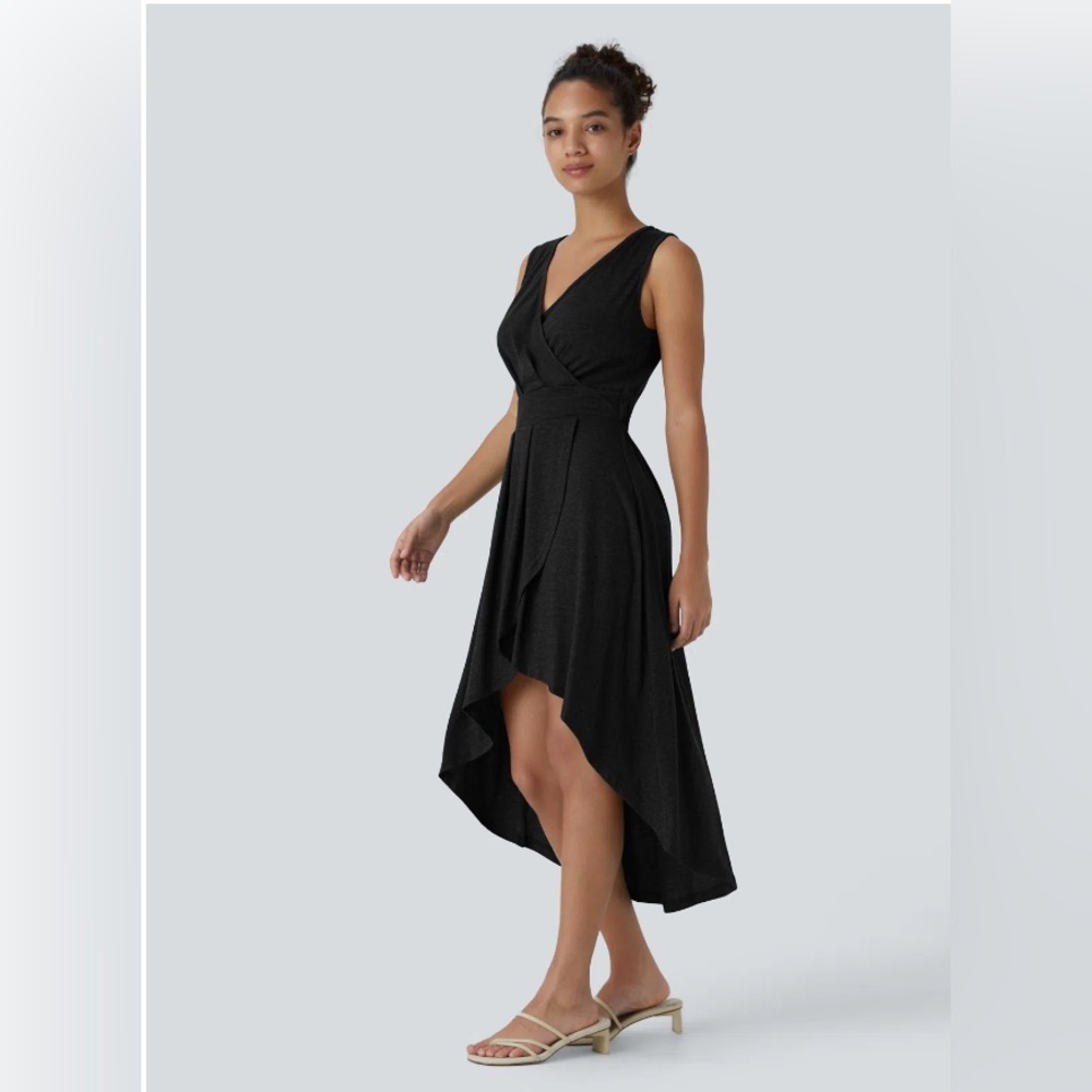 Deep V Neck Sleeveless High Low Crossover Hem Flowy Midi Casual Dress